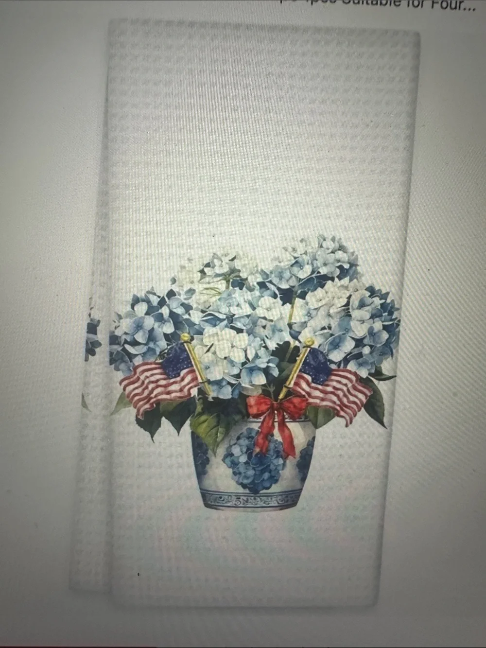 White Hand Towel with Blue Hydrangea Bouquet and American Flags